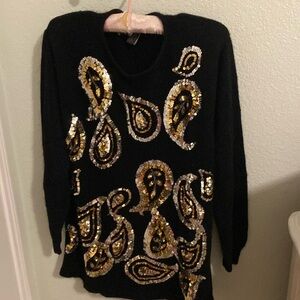 Dressy black sweater with gold paisley sequence